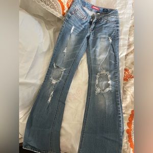 Blue Flare Wide Leg Distressed Jeans